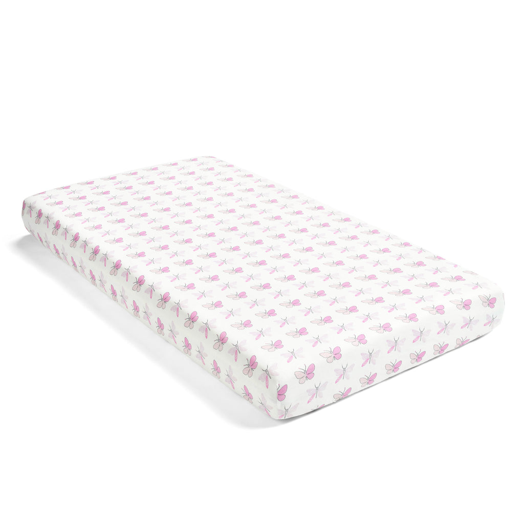 Fitted Crib Sheet - Pink Butterflies on White Organic Cotton Jersey