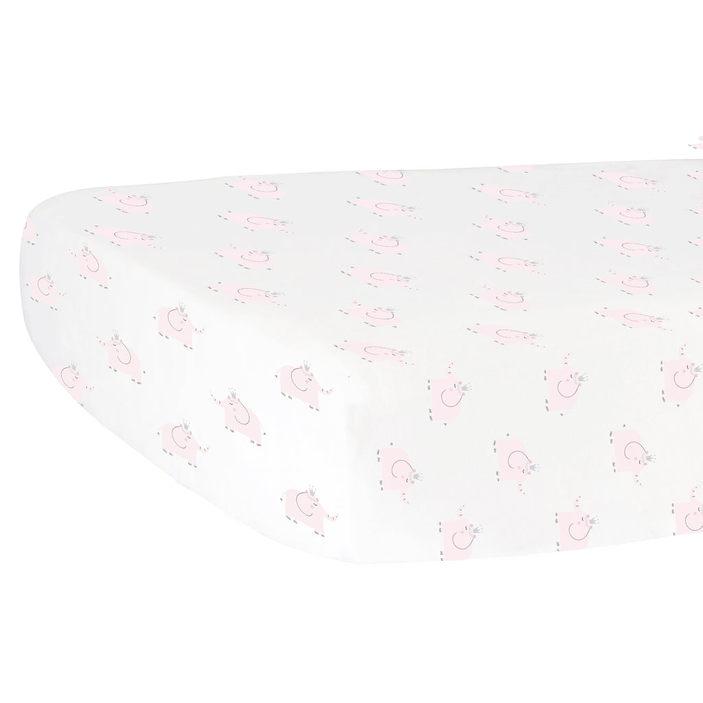 Fitted Crib Sheet - Pink Elephants on White Organic Cotton Jersey