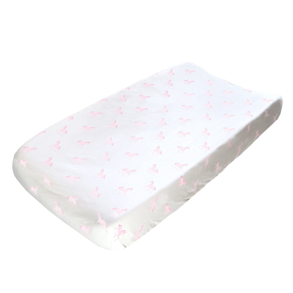 Changing Pad Cover - Pink Unicorns on White Organic Cotton Jersey