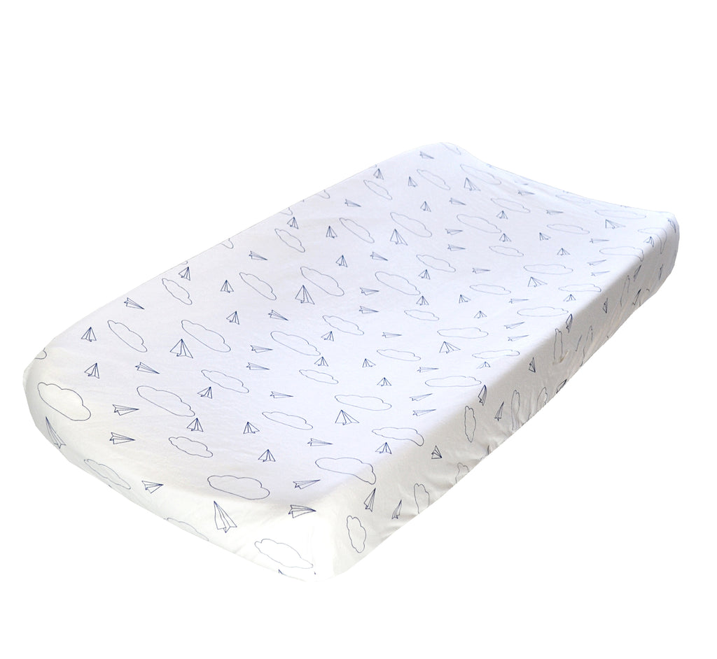 Changing Pad Cover - Paper Airplane on White Organic Cotton Jersey