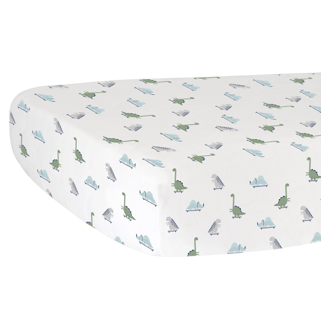 Fitted Crib Sheet - Dinosaurs on White Organic Cotton Jersey