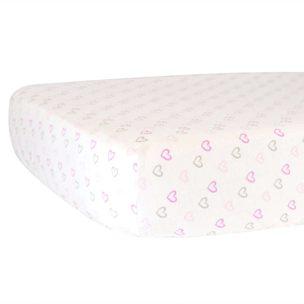 Fitted Crib Sheet - Pink Hearts on White Organic Cotton Jersey