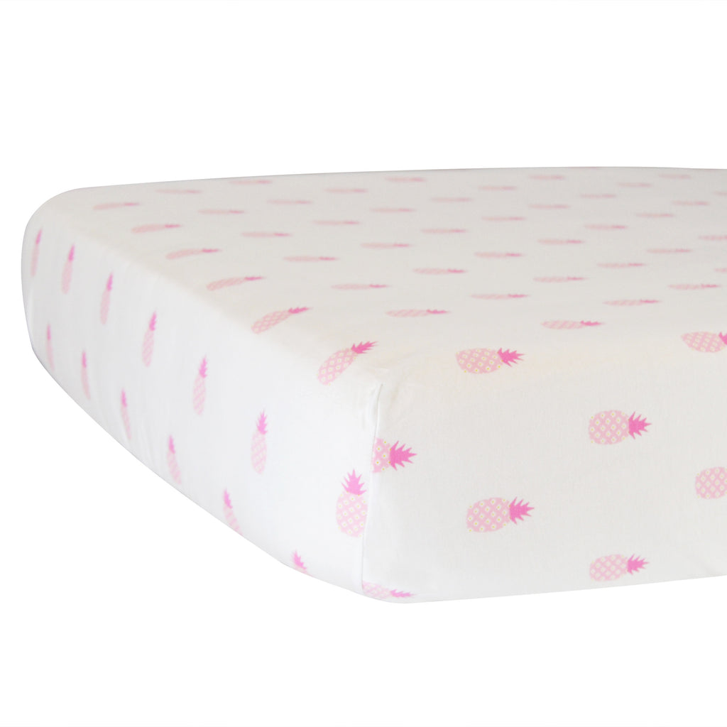 Hello Spud Crib Sheet Pink Pineapples on White Organic Cotton Jersey