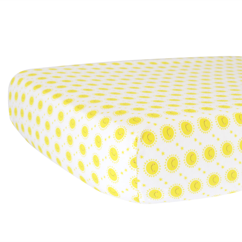 Hello Spud Crib Sheet Yellow Sunshine on White Organic Cotton Jersey