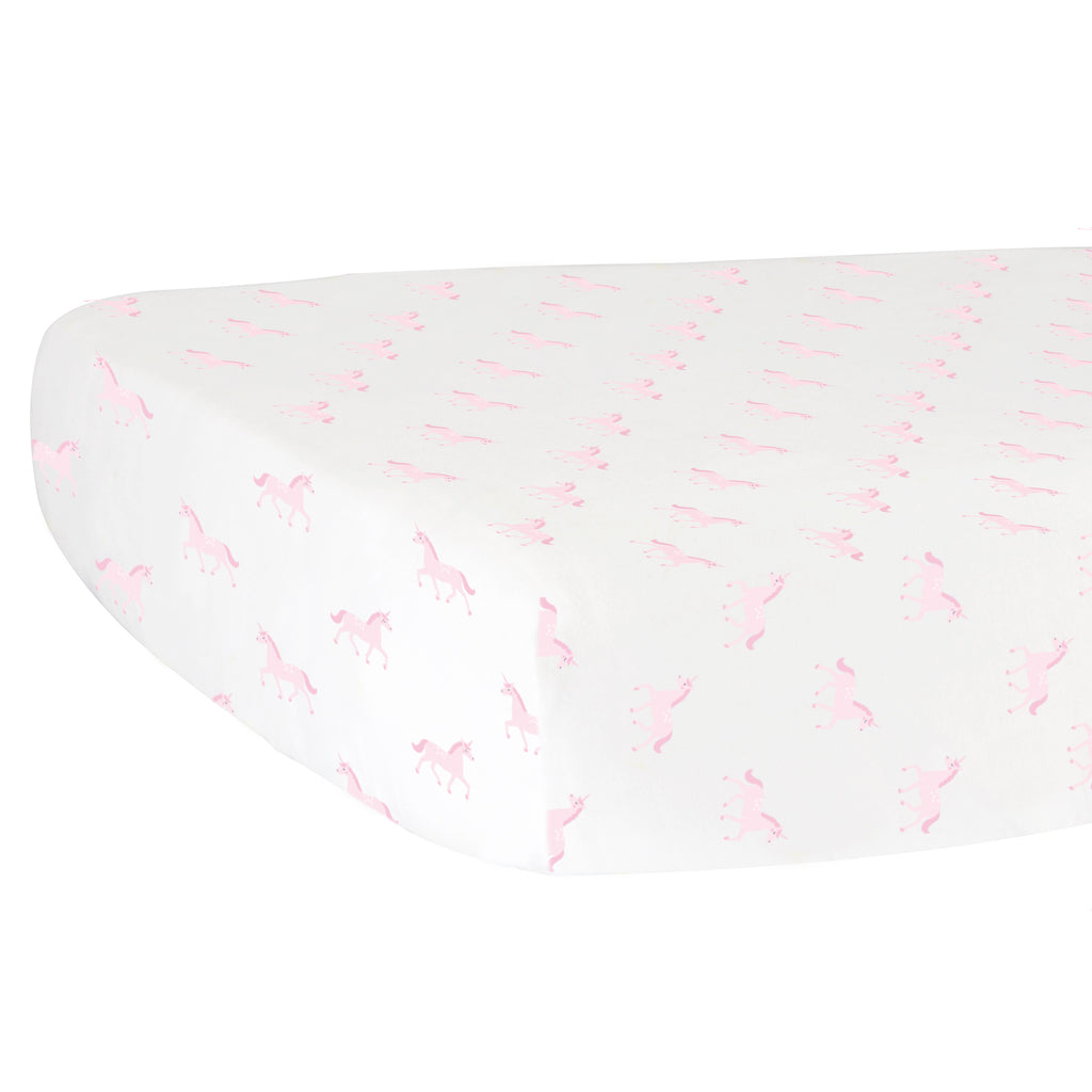 Fitted Crib Sheet - Pink Unicorns on White Organic Cotton Jersey